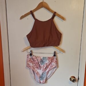 Brown Bikini Top and Leaf Print Bottoms